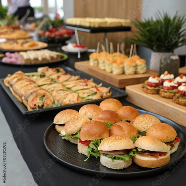 Fototapeta Abundant Feast: Elegant Catering Spread with Gourmet Sandwiches on Display
