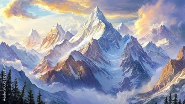 Fototapeta A Majestic Vista of Snow-Capped Peaks and Golden Sky, Displaying an Artistic Rendering of Towering Mountains and Clouds, Evoking a Sense of Adventure and Serenity