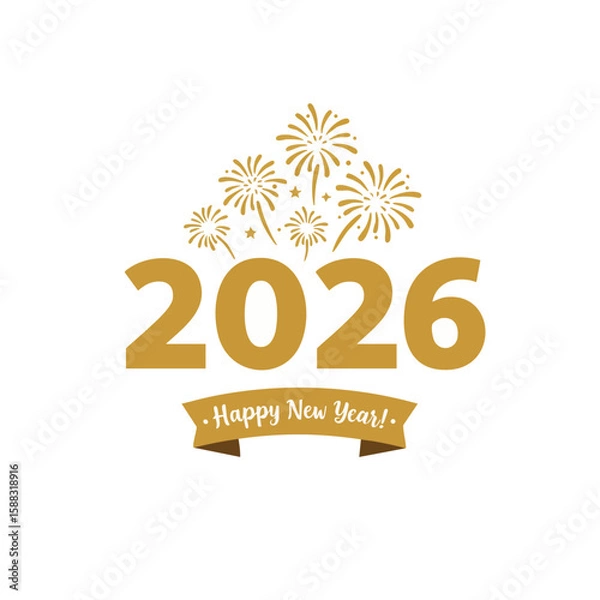 Fototapeta Happy New Year 2026 with Fireworks and Gold Numbers Flat Icon