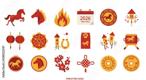 Fototapeta Set of 15 Flat Icons for 2026 Year of the Fire Horse on White Background