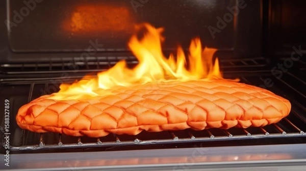 Fototapeta A vibrant orange quilted cushion engulfed in flames on an oven rack, creating a surreal and captivating visual interplay of domestic comfort and fiery destruction, evoking feelings of unease