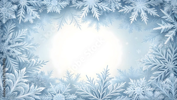 Fototapeta Intricate frost patterns and delicate snowflakes forming a beautiful icy border on a soft white background