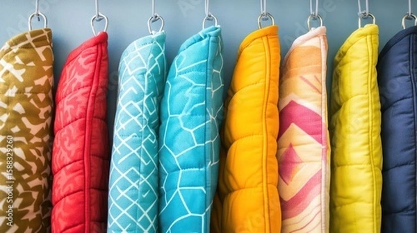 Fototapeta A Rainbow of Cozy: Colorful Quilted Pillows on Display, Inviting Comfort and Artistic Charm to Transform Your Living Space with Softness and Style