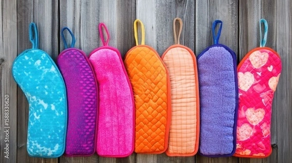Fototapeta Colorful array of handcrafted oven mitts adds a touch of whimsy and practicality to the rustic charm of a wooden background creating a cozy kitchen accent
