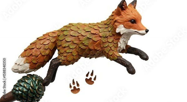 Obraz Leaping fox figurine with leaf texture