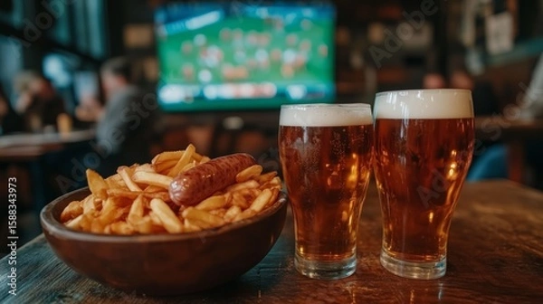 Fototapeta Close up of two pints and fries with sausage in a lively sports bar setting