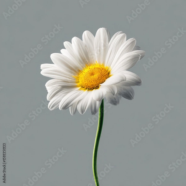 Fototapeta A single daisy with white petals and a yellow center on a green stem against a gray background