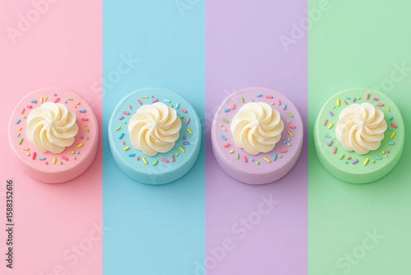 Fototapeta Mini pastel cakes topped with whipped cream swirls and rainbow sprinkles on colorful backgrounds
