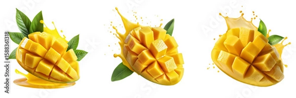 Fototapeta Mango sliced into cubes with leaves and juice splash on transparent background. Ideal for food, beverage, and summer-themed designs