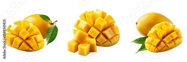Fototapeta Fresh ripe mango sliced into cubes next to a whole mango with leaves, isolated on transparent background. Ideal for food, tropical concepts