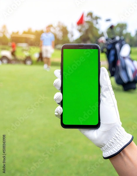 Obraz A golfer's gloved hand holding a smartphone with a green screen mockup on a morning golf course with caddy, golf cart, bag, and hole in background.