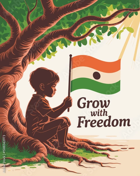 Fototapeta Boy holding flag under a tree