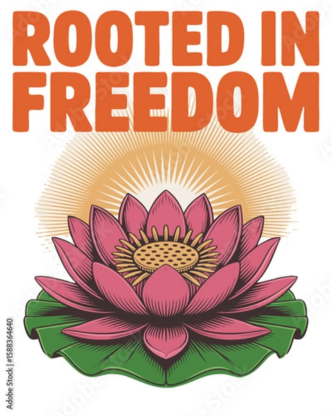 Fototapeta Lotus flower symbolizing freedom and growth with sun rays background