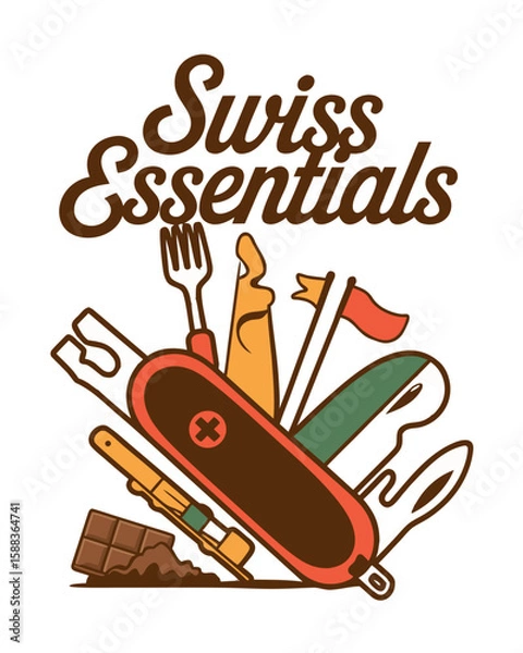 Fototapeta Swiss Essentials with multitools and chocolate design