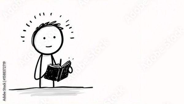 Fototapeta Black and white sketch-style drawing showing a person reading a book under the light of a spotlight, with a halo-like effect around their head. White background, copy space, aspect 16:9.
