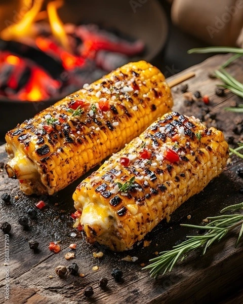 Fototapeta Grilled Corn on Cob with Spices and Herbs over Rustic Wooden Table