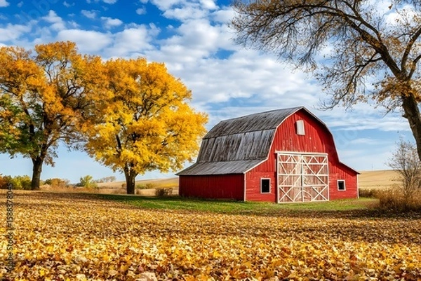 Fototapeta Scenic Red Barn Surrounded by Vibrant Autumn Foliage Under a Blue Sky