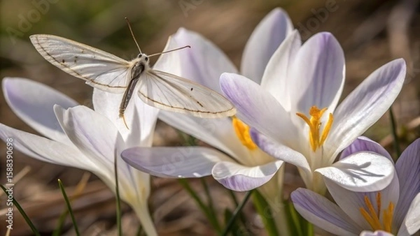 Fototapeta Delicate White Butterfly Resting on Pale Purple Crocus Flowers in the Spring Sunshine a Symbol of New Beginnings
