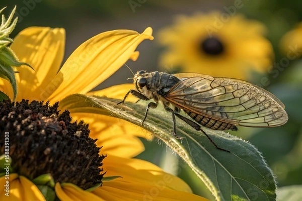 Fototapeta Closeup of a Cicada Resting on a Sunflower Leaf in a Summer Garden with Soft Lighting and a Shallow Depth of Field