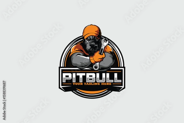 Obraz Pitbull with wrench logo vector image logo mascot template