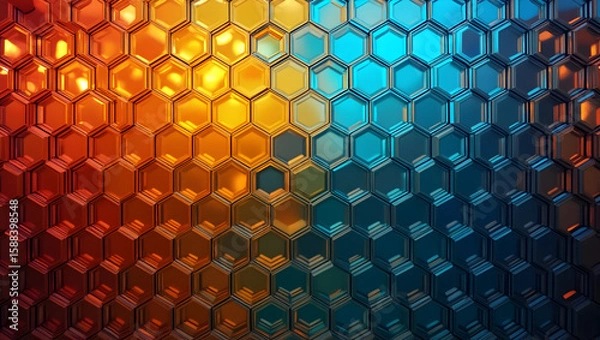 Fototapeta Building Abstract wall made of layered hexagonal glass units, each pane refracting colored urban light gradients