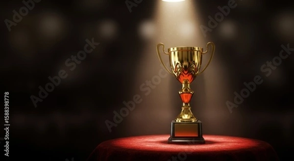 Fototapeta Golden Trophy on Red Podium with Glowing Lights – Cinematic Award Ceremony in 8K