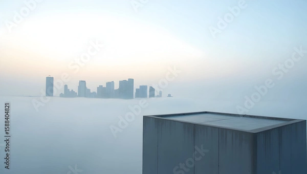 Fototapeta Building Minimalist skyline shot with modern buildings emerging from fog, viewed from a concrete helipad on a highrise