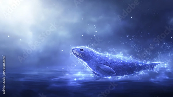 Fototapeta Magical glowing whale swimming in ocean under starry night sky  