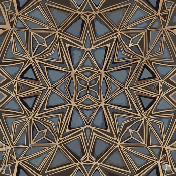 Fototapeta Intricate abstract seamless pattern with geometric lines and shapes in blue, brown, and gold tones, creating a complex and sophisticated design.