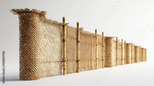 Fototapeta Woven bamboo fence sections arranged in a row.