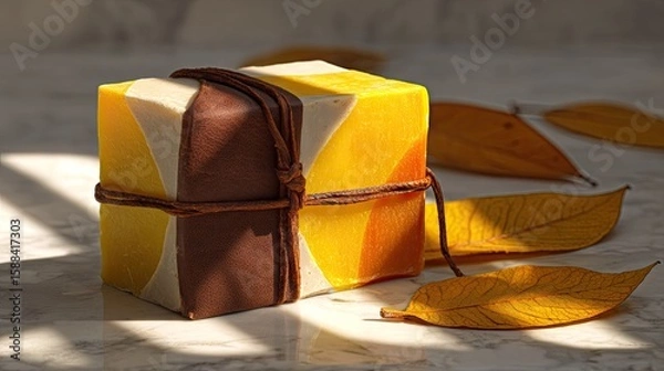 Fototapeta Decorative bar of soap tied with rope, featuring autumnal colors.