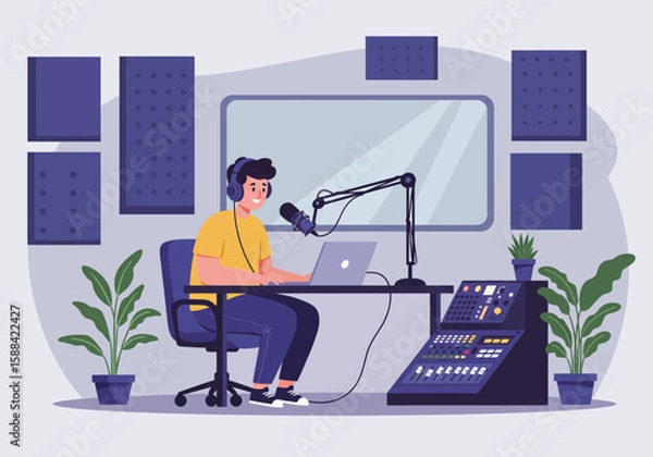 Fototapeta Podcast studio man recording with microphone and laptop, Flat cartoon vector illustration