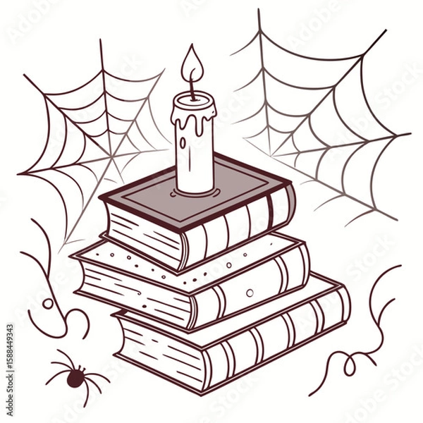 Fototapeta Three stacked books with a candle and spider webs in a spooky setting  