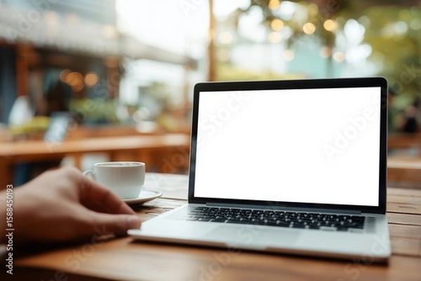 Fototapeta Laptop mockup on wooden table in cafe, with coffee cup, remote work concept