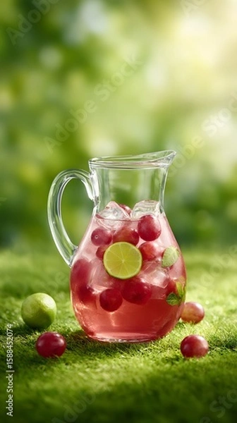 Fototapeta Refreshing Grape and Lime Infused Drink in Glass Pitcher – Outdoor Summer Scene with Mint Leaves and Ice Cubes on Grassy Background