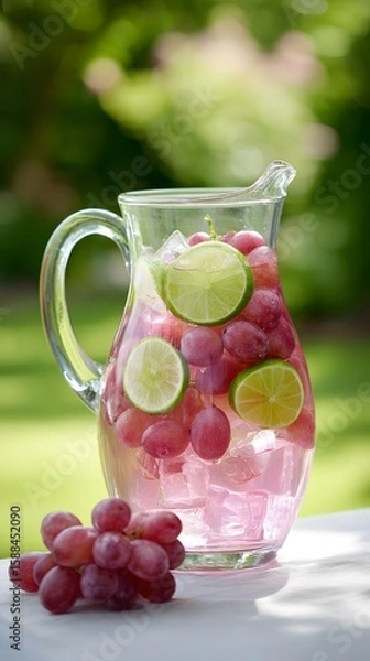 Fototapeta Glass Pitcher with Grape and Lime Infused Drink – Refreshing Summer Beverage Scene Featuring Ice Cubes and Natural Ingredients on White Table