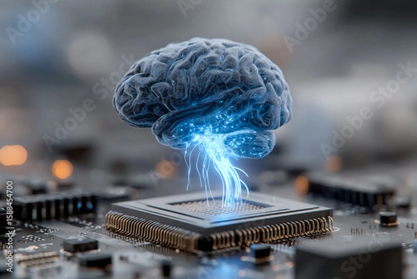 Fototapeta Brain connects to computer chip, symbolizes AI. Use for tech marketing, web design, editorial.