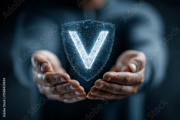 Fototapeta Hands hold digital shield. Represents cybersecurity, protection, data security, digital trust. Great for marketing, technology, or web design.