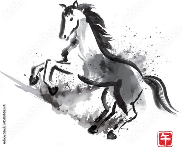 Fototapeta 水墨風の馬のイラスト午年年賀素材（背景のみAI使用）