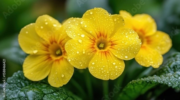 Obraz Vibrant Yellow Primroses with Dew Drops