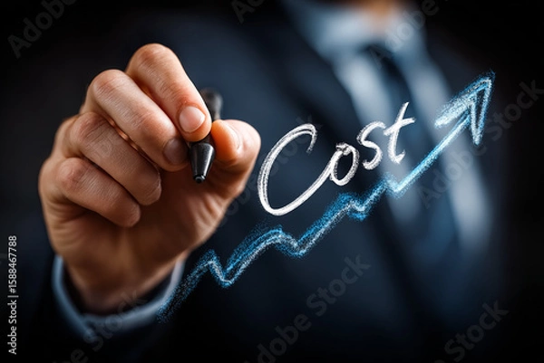 Fototapeta Businessman draws rising cost chart. Illustrates financial growth, inflation, price increase concept. For marketing, finance publications, design.