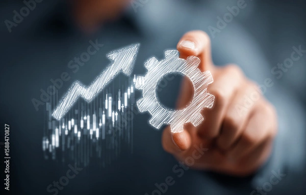 Fototapeta Man adjusts a gear with upward graph, growth concept. Use for business, finance, and automation marketing. Hand-drawn style, dark background.