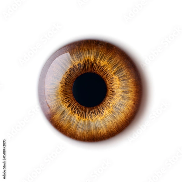 Fototapeta Hyper-realistic iris in vivid orange-blue hues, isolated in the center of a clean white space. Suitable for biometrics, vision, tech, or surreal design concepts.