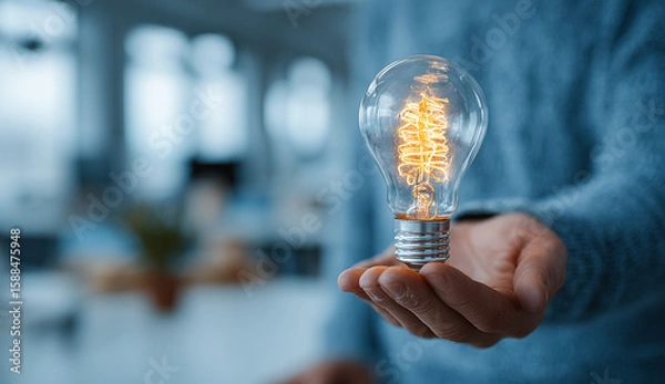 Fototapeta Person Holds Lit Lightbulb. Idea, energy, innovation concept.  For web, marketing, advertising use.