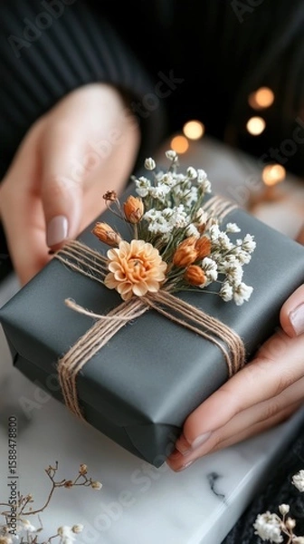 Obraz Small gift wrapped in gray paper with flowers and twine held by female hands