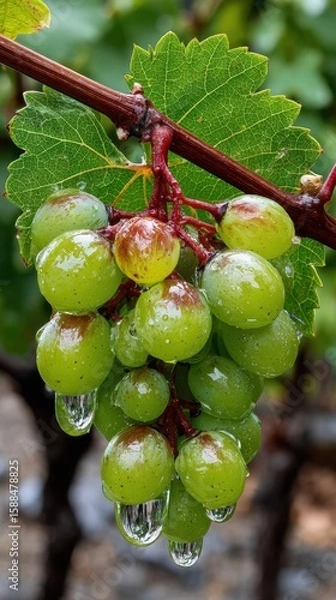 Obraz Albariño Day. Fresh green grapes with water droplets on vine in vineyard