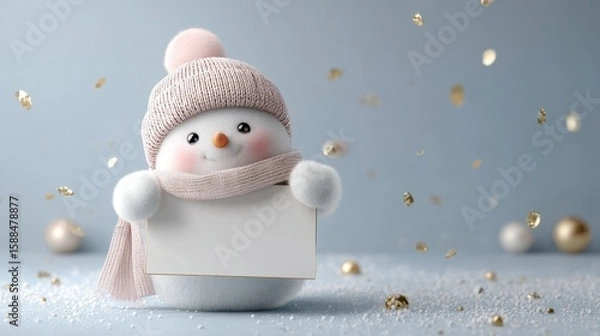 Obraz Cute winter snowman figurine holding blank card in festive setting