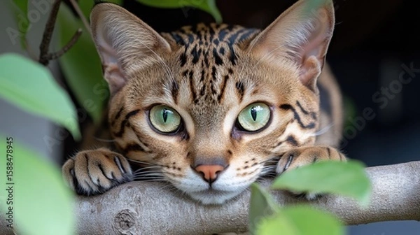 Obraz Bengal cat with striking green eyes on tree branch surrounded by green leaves