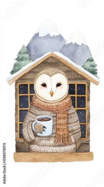 Obraz Cozy owl in sweater holding a warm drink in snowy cabin setting