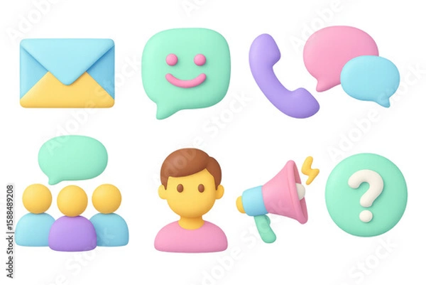 Fototapeta 3d communication icons: email, chat, phone, megaphone, user, question mark